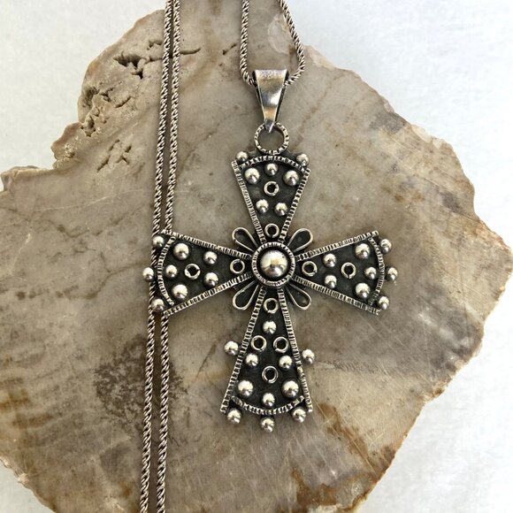 VTG Oxidized Sterling Silver 925 Mexico Large Cross Pendant Necklace 19.5" Chain - Picture 1 of 16